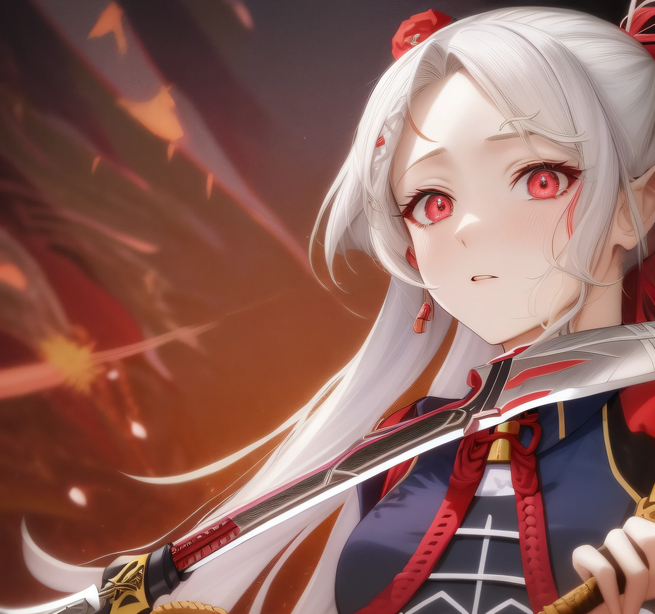 a woman with long hair holding a sword in front of the sunset, no filme de anime, Captura de tela do filme de anime, Ela tem orelhas de elfo e olhos dourados, Impacto de Ayaka Genshin, Arte Oficial, Keqing de Genshin Impact, Anime de hoje ainda em destaque, Edelgard do Emblema de Fogo, arte oficial do personagem, Sakura Haruno no modo Slug Sage
