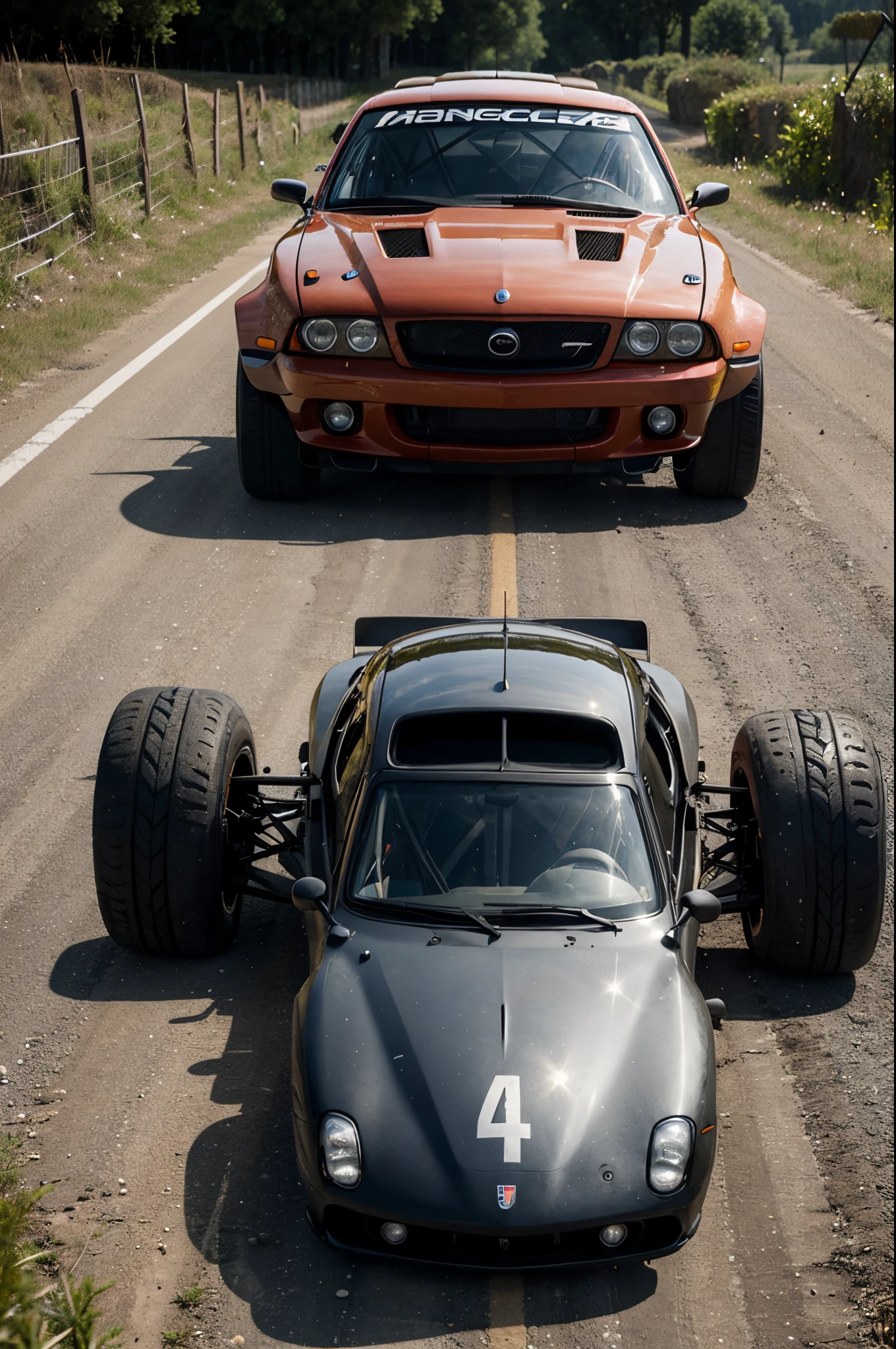 a low racing car with holes in the bonnet and woff-road car with six wheels and wide wheelside wheels