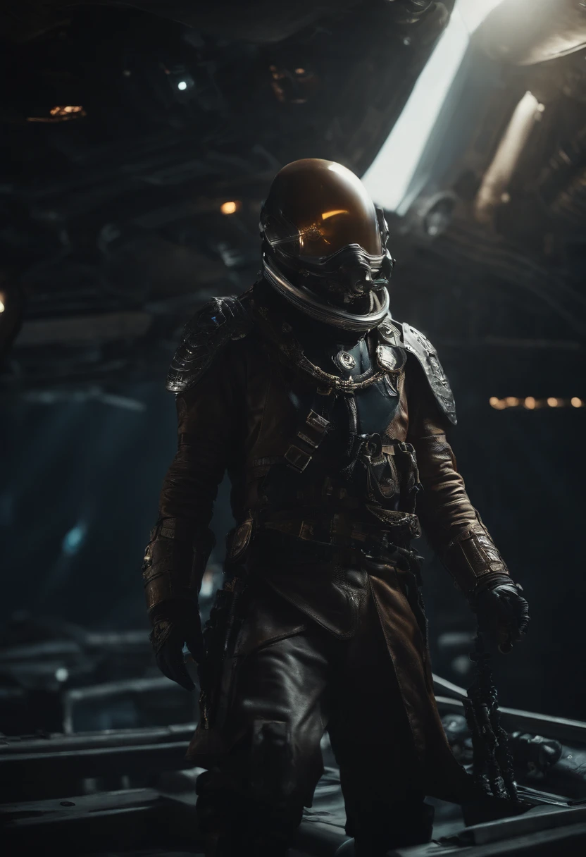 Cinematic portraits of Futuristic space pirates from the year 2741 sailing through space, intricate detail, pirate themed, dirty