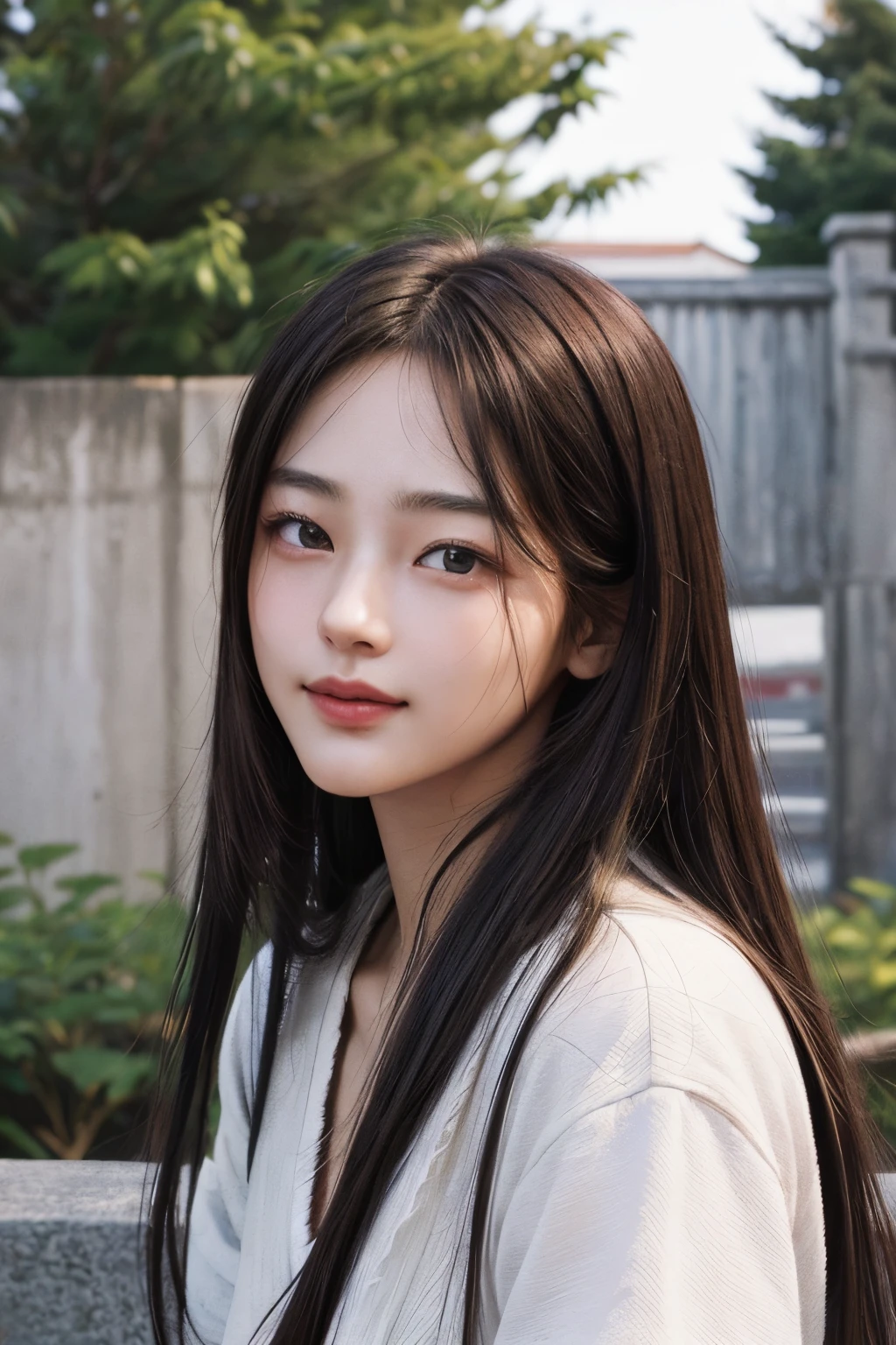 masterpiece, The highest image quality, hightquality, beautiful a girl, japanes, Japan schoolgirl, Popular Korean Makeup, detaileds, Swollen eyes, A detailed eye, Detailed skin, Beautiful skins, 超A high resolution, (现实:1.4), very extremely beautiful, Slightly younger face, Beautiful skins, slender, (A hyper-realistic), (illustratio), (hight resolution), (8K), (ighly detailed), (The best illustrations), (beautifully detailed eyes), (ultra-detailliert), (wall-paper), (详细的脸), looking at the viewers, finely detail、A detailed face、pureerosfaceace_v1、A smile、Looking straight ahead、cowboy shot、photos realistic、Bright lighting、profetional lighting、Brown hair、length hair、Dark abandonment、Kiss Shot Acerola Orion Heart Under Blade