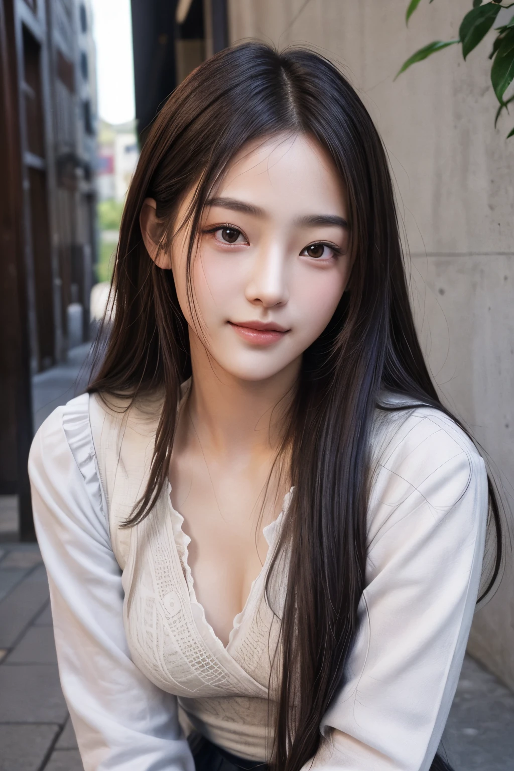 masterpiece, The highest image quality, hightquality, beautiful a girl, japanes, Japan schoolgirl, Popular Korean Makeup, detaileds, Swollen eyes, A detailed eye, Detailed skin, Beautiful skins, 超A high resolution, (现实:1.4), very extremely beautiful, Slightly younger face, Beautiful skins, slender, (A hyper-realistic), (illustratio), (hight resolution), (8K), (ighly detailed), (The best illustrations), (beautifully detailed eyes), (ultra-detailliert), (wall-paper), (详细的脸), looking at the viewers, finely detail、A detailed face、pureerosfaceace_v1、A smile、Looking straight ahead、cowboy shot、photos realistic、Bright lighting、profetional lighting、Brown hair、length hair、Dark abandonment、Kiss Shot Acerola Orion Heart Under Blade