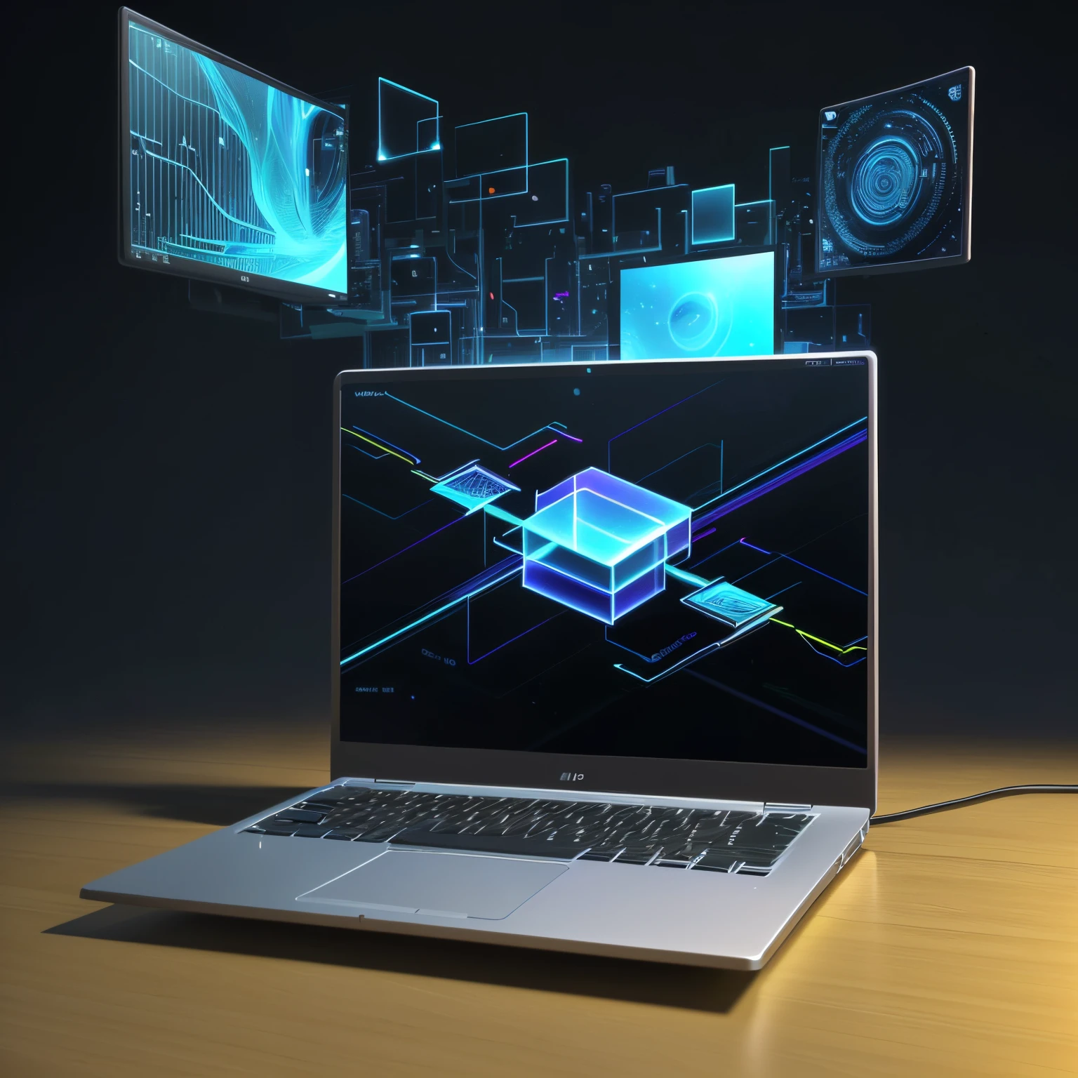 a laptop computer sitting on top of a table, colorful computer screen, stylized 3 d graphics, neon scales and cyborg tech, holographic design, take control of your data, flat graphic style, abstract art representing data, data visualization, a computer rendering, prerendered isometric graphics, lowres, computers and holograms, motion graphic