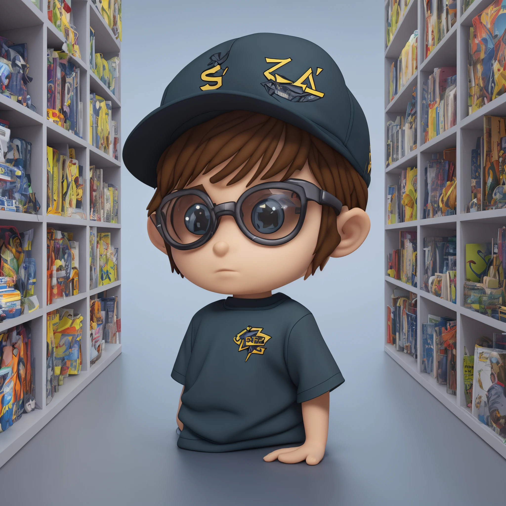 : cartoon boy holding a black credit card, he is in a department store, dressed in a black t-shirt, and a black cap. promotional rendering, 3D Character Rendering, 3D Character, 3D Character, official character illustration, character rendering, official character art, official illustration, Small Character. Unreal 5 engine, 3d render official art, official render, official product photo, Merged character --auto --s2