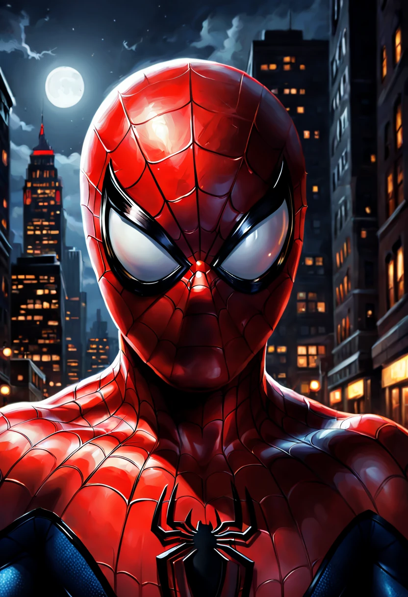 Superhero cartoon image of spiderman at night, In a realistic, ultra-detailed portrait style, Dark red and light black, Detailed genre painting, Emphasize facial expressions,Ultra high-definition images,Realistic portrait style, strong light and darkness, Heroism, Dark reflection, Highly realistic, Genndy Tartakovsky, strong facial expression, Original vs. finished product，Perfect symmetrical composition