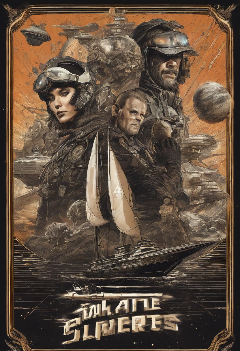 Cinematic portraits of Futuristic space pirates from the year 2741 sailing through space, intricate detail, pirate themed, dirty