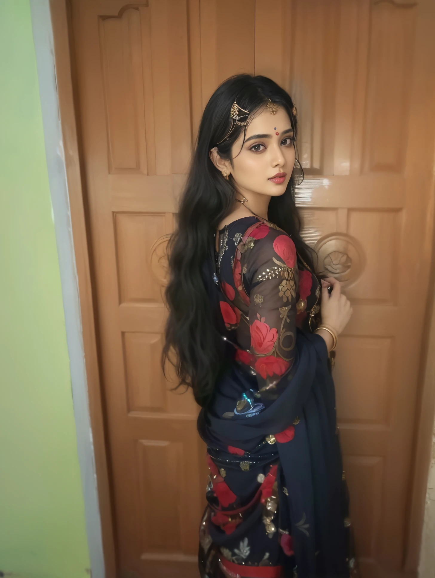 a woman in a sari posing for a picture, indian goddess, traditional beauty, indian, beautiful goddess, ornate cosplay, indian style, indian super model, beautiful maiden, gorgeous woman, south east asian with long, provocative indian, gorgeous beautiful woman, intricate outfit, hindu aesthetic, beautiful
