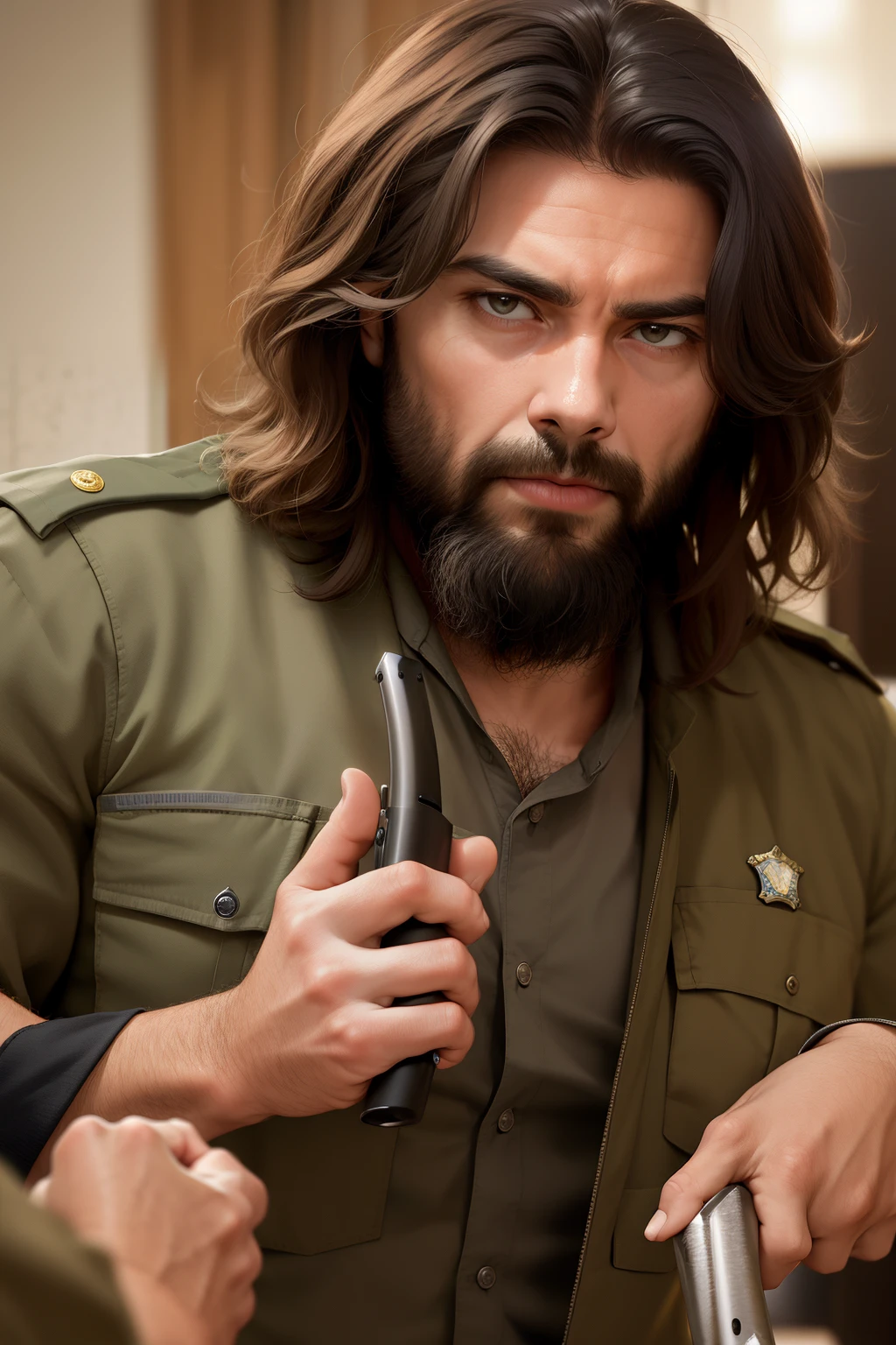 Obra-prima, de melhor qualidade, uma policial combatendo um crime com Jesus te ajudando