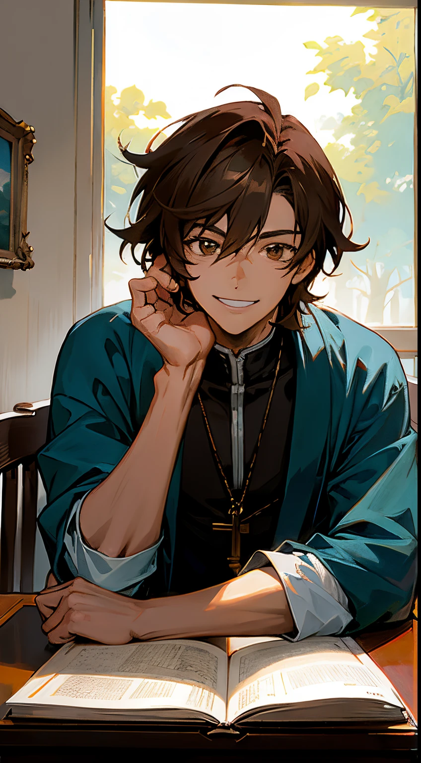 (Cinematic digital works of art: 1.3), hiquality, Masterpiece, Top Quality, super detaill, illustartion, [4K digital art]!!, anime boy with brown hair sitting at the table, Smiling Nright, official arts, it's smiling, Anime handsome, anime portrait of a handsome man, Rogue grin, Key Visual, very slightly smiling, Tall anime guy with brown eyes, handsome anime pose
