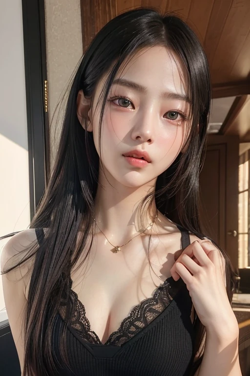 a 20 yo woman、A dark-haired、(Shortcuts for 7 and 3 departments:1.3)、dark themed、Muted Tones、Subdued Color、highly contrast、(natural skin textures、Hyper-Realism、Soft light、sharp)、(masuter piece:1.3)、(8K、Photorealsitic、Raw photography、top-quality: 1.4)、Beautiful expression、(Lifelike face)、Beautiful hairstyle、realisticeyes、Beautiful details、(real looking skin)、Beautiful skins、(White lace bodysuit)、absurderes、enticing、超A high resolution、A hyper-realistic、high-detail、the golden ratio、medium breasts、super model