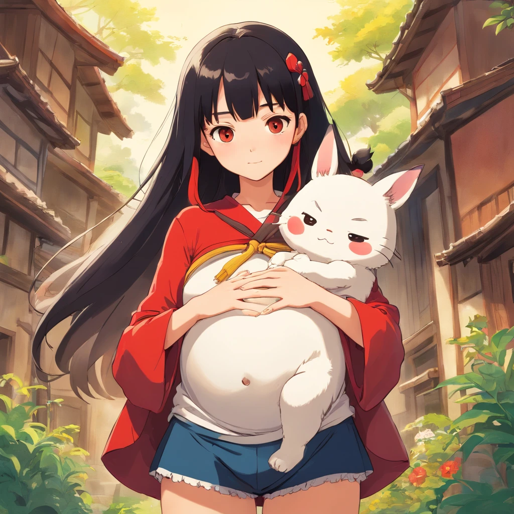 A couple made up of a pregnant girl with white skin and bangs and black hair, with western clothing and a man with red skin color similar to that of Brazilian indigenous people and straight hair with side bangs wearing rocker style clothing