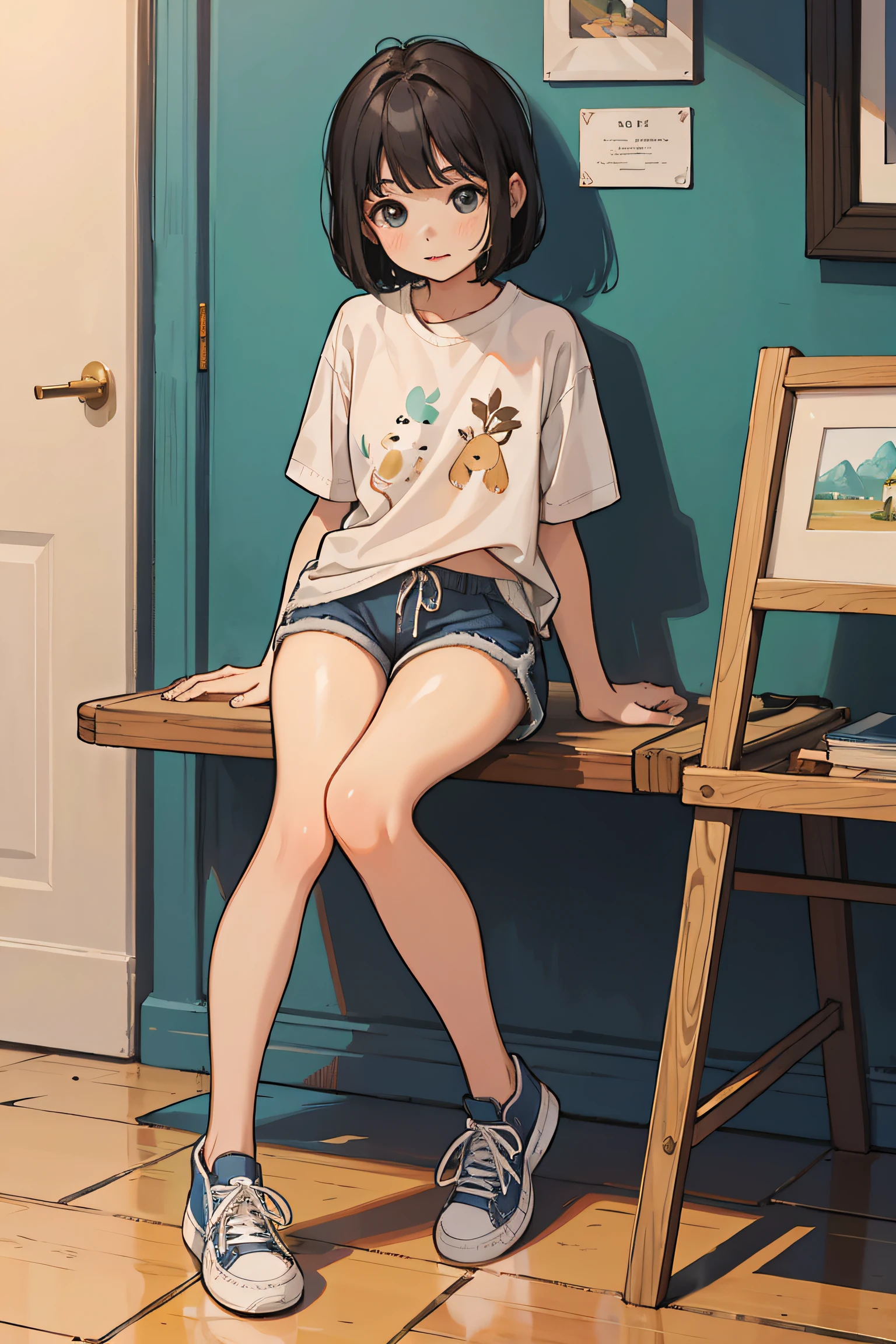 best quality, masterpiece, cutepainting, girl, short hair, shirt, shorts, shoes, grace sitting, full body