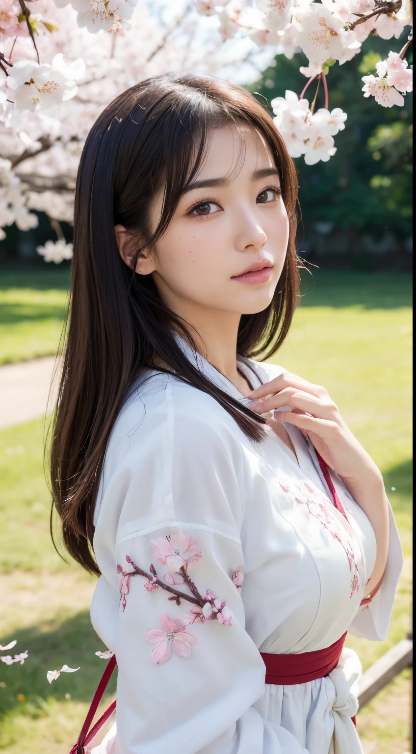 (A logo、​masterpiece、8K、masutepiece、Raw photo、Fantastic、Best Quality、Photorealistic、extremely detailed CG unified 8k wallpaper、hightquality、ighly detailed、epic poem、Particle effect、Dynamic effects、depth of fields、Cinematic Light、Lens Flare、Ray tracing)、Fantasia、 (Beauty 1 person、White Japanese Clothing、Japanese dress、White cherry blossom pattern、White cherry blossom embroidery pattern、A dark-haired、Beautiful face、Real Face、Beautiful detail eyes、Beautiful skin)、Hair flutters in the wind、Hair jumps、Pink cherry blossom tree、Petals flutter、Sakura blizzard、Superb view、morning glow、Sun in the background、the wind、Deities、tusk、myth、Vast Land、