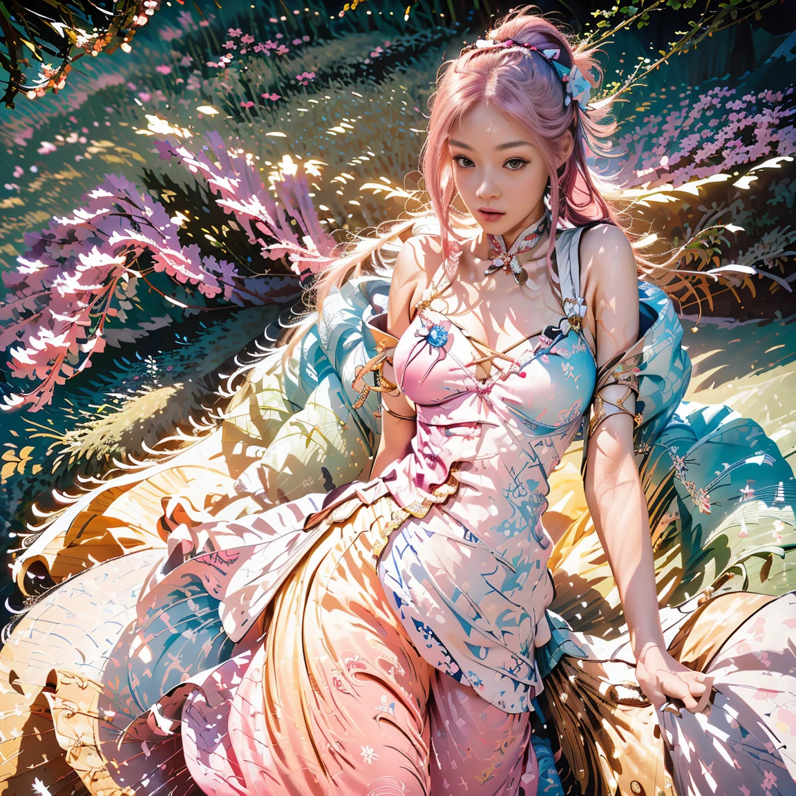 (finely detailed beautiful eyes and detailed face,masterpiece sidelighting,masterpiece,best quality,detailed,high resolution illustration),, (1girl,whole body,bishoujo,lustrous skin,looking down,looking at viewer),, (pink hair,blue eyes,ribbon,hanbok, korean clothes), (clothed_underbust:1.2),underboob,