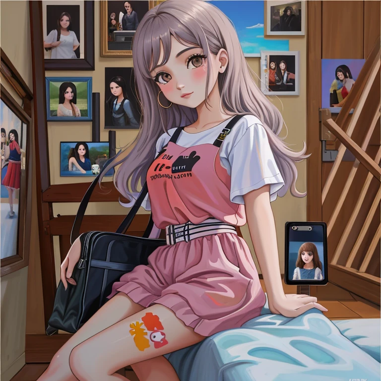 tem uma mulher com uma camisa branca e uma bolsa preta, em estilo de pintura digital, digital oil on canvas, pintura digtial, selfie de uma jovem mulher, arte digital, mas foto, in a oil painting style, imagem de arte digital, pintado digital, #1 pintura digital de todos os tempos, # 1 pintura digital de todos os tempos, AI Autorretrato