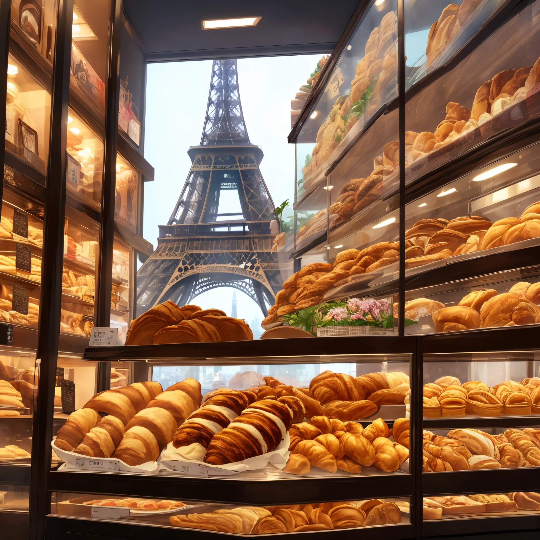 Paris, torre Eiffel, padaria, vitrine, croissants
