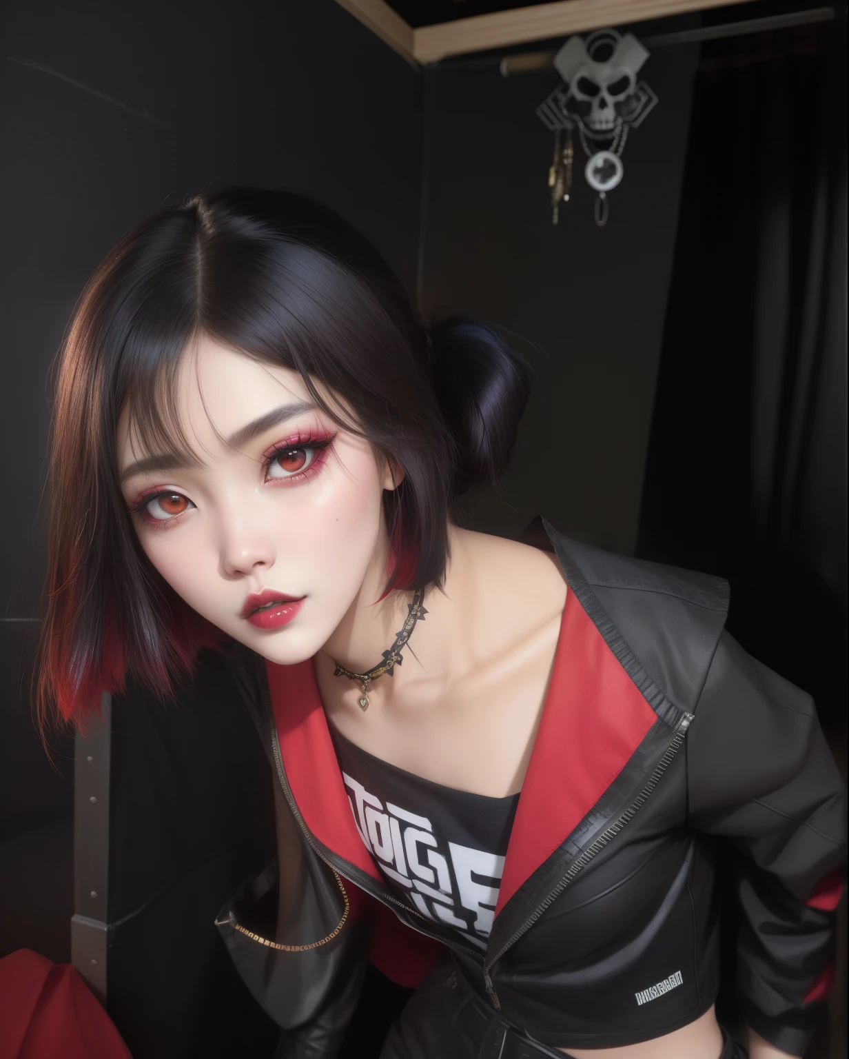 hay una mujer con una camisa negra y roja posando para una foto, cruel korean goth girl, ulzzang, Ella tiene el pelo negro con flequillo, con el pelo corto, goth girl aesthetic, iu lee ji-eun as a super villain, Estilo de Junji Ito, 1 7 - year - old anime goth girl, El Corte Hime, mirada aterradora