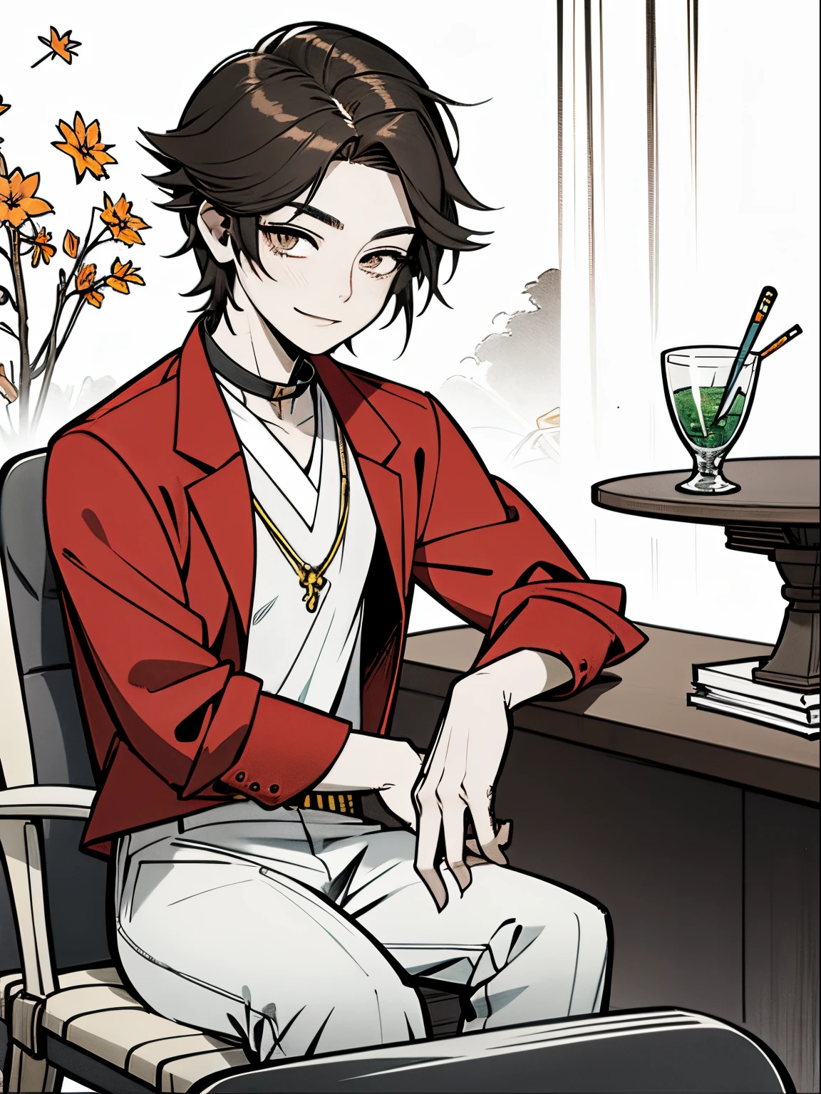 Smiling male anime character sitting with crossed arms, and there's a light on in the background, 1boy, male focus, watch, brown hair, Smile, 独奏, a cup, Brown eyes, virtual youtuber