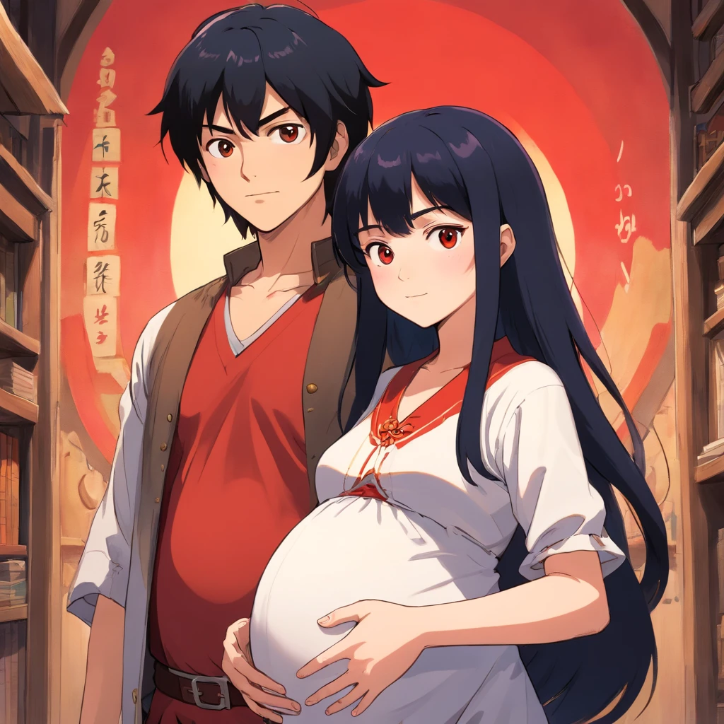 A couple made up of a pregnant girl with white skin and bangs and black hair, with western clothes and a man with red skin color similar to that of Brazilian indigenous people and straight hair with side bangs wearing rocker style clothes