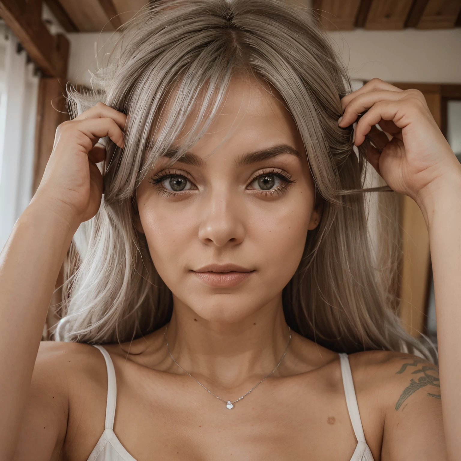 mulher sem lingerie, Cabelo Moreno, amber eyes, cabelos longos, hyper realistic, 4k, master part, Beautiful, de frente para o espectador, head shoot, clivagem, Batom escuro, (((vermelho))) lace bra, quebrar