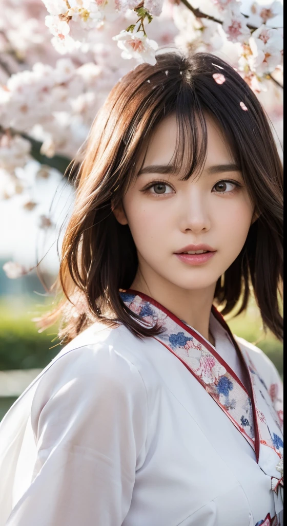 (A logo、​masterpiece、8K、masutepiece、Raw photo、Fantastic、Best Quality、Photorealistic、extremely detailed CG unified 8k wallpaper、hightquality、ighly detailed、epic poem、Particle effect、Dynamic effects、depth of fields、Cinematic Light、Lens Flare、Ray tracing)、Fantasia、 (Beauty 1 person、White Japanese Clothing、Japanese dress、White cherry blossom pattern、White cherry blossom embroidery pattern、A dark-haired、Beautiful face、Real Face、Beautiful detail eyes、Beautiful skin)、Hair flutters in the wind、Hair jumps、Pink cherry blossom tree、Petals flutter、Sakura blizzard、Superb view、morning glow、Sun in the background、the wind、Deities、tusk、myth、Vast Land、