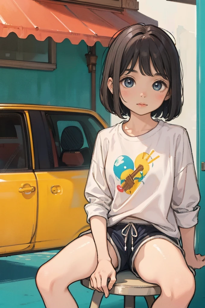 best quality, masterpiece, cutepainting, girl, short hair, shirt, shorts, shoes, grace sitting, upper body, see the shoes, simple background