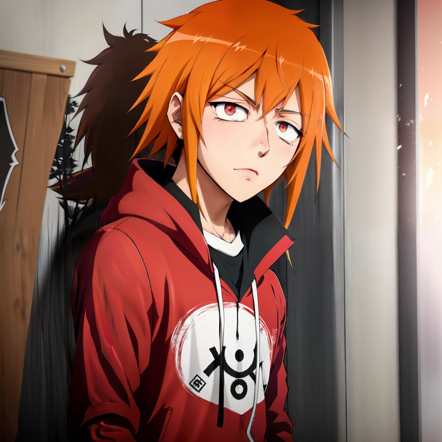 garoto de anime com cabelos loiros e olhos vermelhos em um moletom vermelho, Arte digital de Danganronpa, arthur fate, anime moe artstyle, protagonista masculino