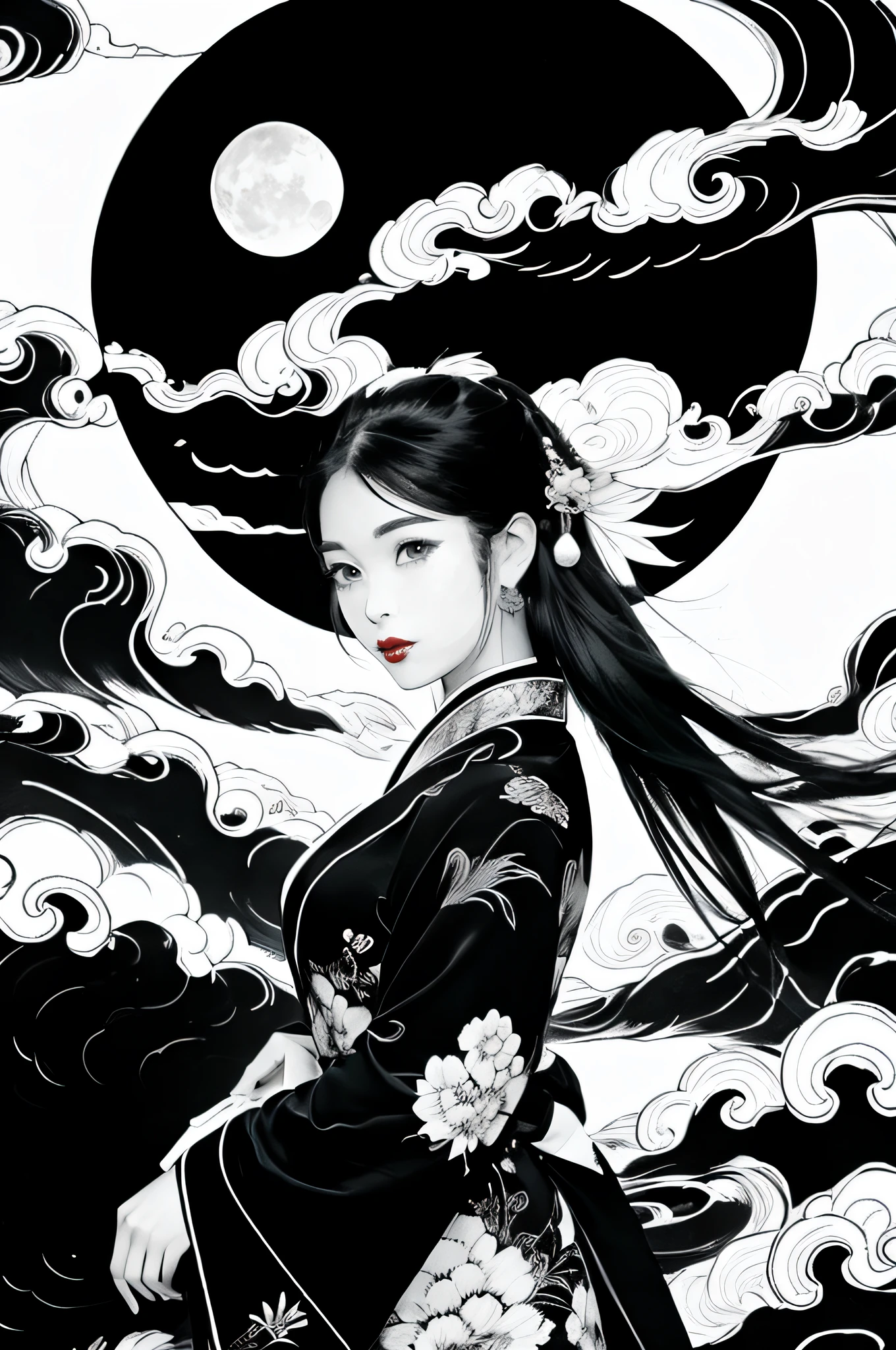 lineart, monochrome, portrait, 1woman, moon