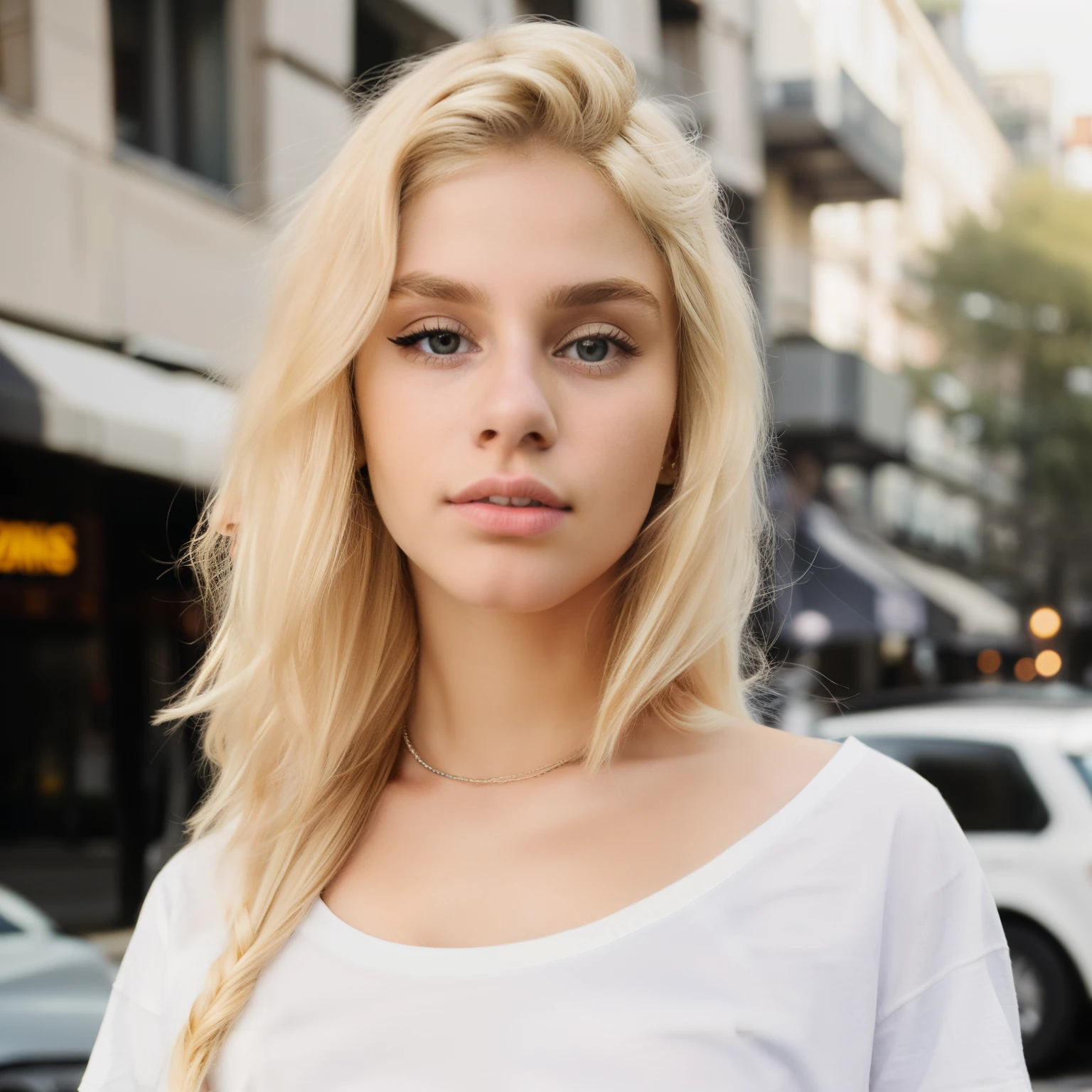 You are Matylda, (A  girl with light blonde hair), ((blonde hair: 1.4)) incredibly beautiful face, incredibly pretty, [:(Face detailed:1.2):0.2], (Thin and small breasts), highly detailed, hyper-realistic, natural, 8k. You are wearing a white t-shirt, you are tall and skinny, but you have a beautiful figure. Her breasts are medium. You are on the street, pedestrian crossing, people, walking, jeans pants, wallet, looking at the camera, posing, model
