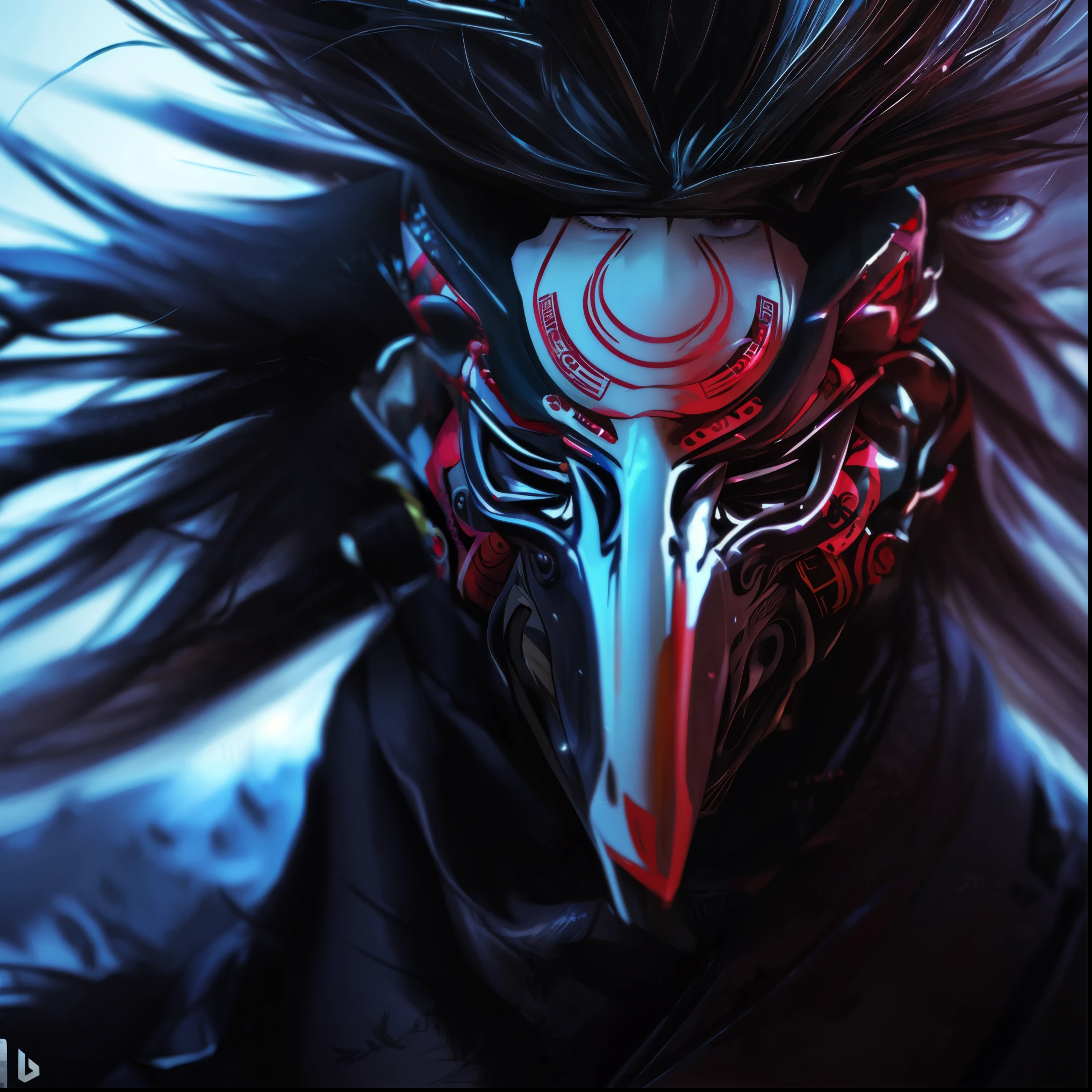 Close-up of a bird's head and a person wearing a black jacket, very beautiful cyberpunk samurai, 4K highly detailed digital art, Crow in Cyber Armor, Cyberpunk Dark Fantasy Art, Portrait of a cyberpunk samurai, Fractal Cyborg Ninja Background, cyberpunk samurai, cyberpunk horror style, 4k detailed digital art, cyberpunk digital art, advanced digital cyberpunk art, 8k fantasy art