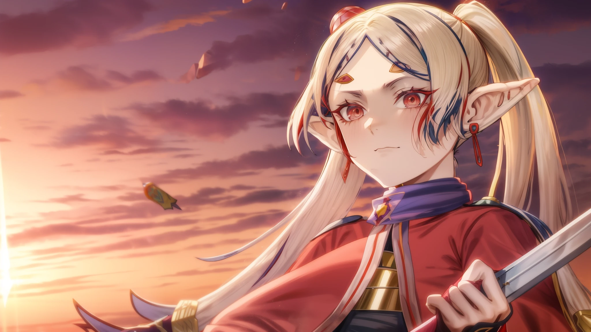 a woman with long hair holding a sword in front of the sunset, no filme de anime, Captura de tela do filme de anime, Ela tem orelhas de elfo e olhos verdes, Impacto de Ayaka Genshin, Arte Oficial, Keqing de Genshin Impact, Anime de hoje ainda em destaque, Edelgard do Emblema de Fogo, arte oficial do personagem, Sakura Haruno no modo Slug Sage, imagem sem fundo, enquadramento de perfil, roupas brancas, cabelos brancos, brincos vermelhos, corrigir defeitos na pinturas, Crisp art