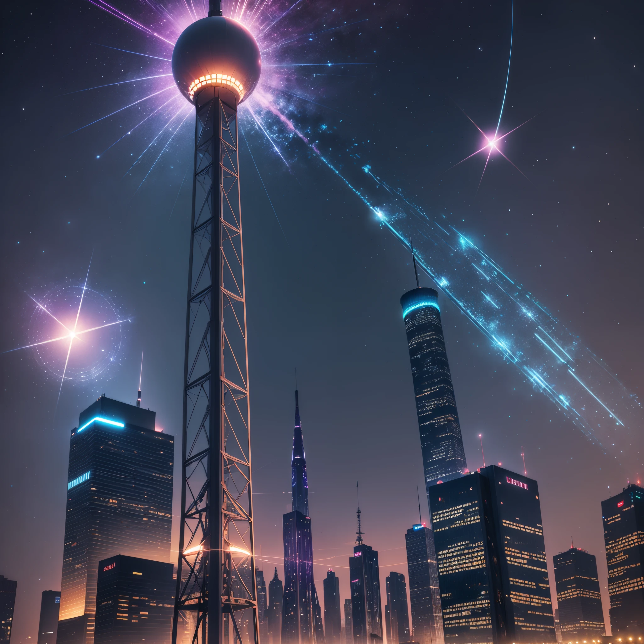 Various cell towers, with a beacon light at the top rising in the enchanted city sky, each luminous panel resembling a star, unveiling sparkling ideas that dance in the ether, while magical creatures whisper inspirations to curious travelers below --auto --s2