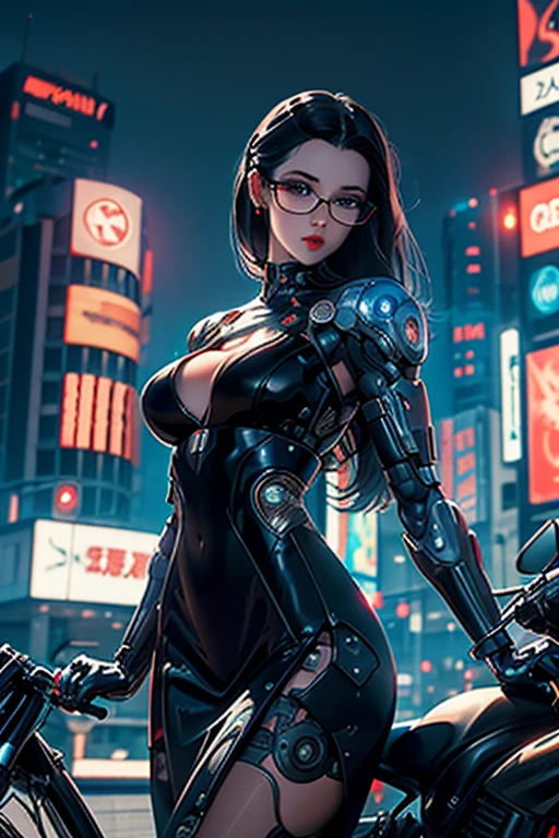 Beautiful Cyborg woman in a futuristic city, Cyberpunk style, Sexy Suit, Near a Futuristic MotoCycle, brunette, Long Curved Hair, red lips, Blue eyes, wears glasses, Big boobs, Thin waist, eYeliner, big eyelashes, seductive pose,