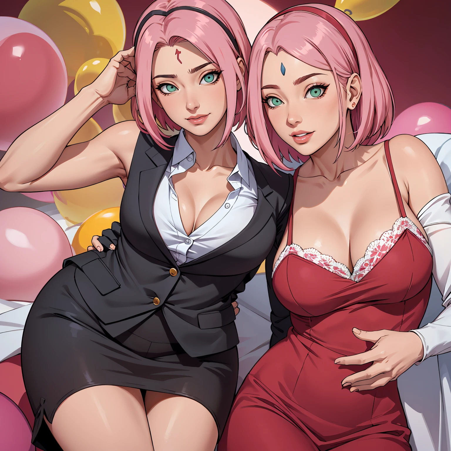 (((Traje formal))), Obra maestra, La mejor calidad en el mejor de los casos, 1girll, Sakura Haruno, senos grandes,Vestimenta fuera del hombro,pose de modelrotica,(escote),(Primer plano de la parte superior del cuerpo),Criado sexy,is shy,smil,con cabello rosado, Pelo largo blanquecino, (Globos oculares verdes:1.4), Forehead protection, Los cerezos,Cerezos en flor volando,Ropa roja, Figura tetona, :1.1, :1.1, Ahegao:1.1