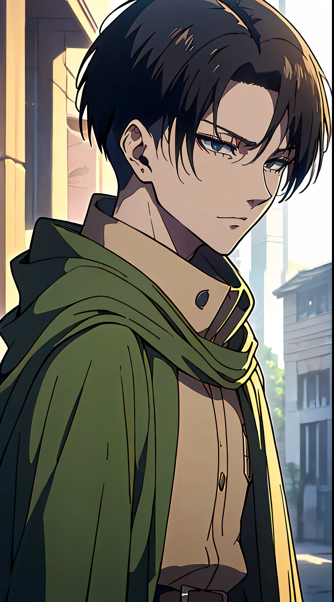 ((4K works))、​masterpiece、（top-quality)、((high-level image quality))、((One Manly Boy))、Slim body、((green survey corps cloak fashion))、((Men's Fashion))、(Detailed beautiful eyes)、town in the morning、Levi Ackerman、Attack on Titan、((short hair above the ears))、((Smaller face))、((Neutral face))、((28 year old))、((Handsome man))、((Korean Makeup))、((elongated and sharp eyes))、((Black eyes))、((Like a celebrity))、Everyday photography、((Shot alone))、((Shot diagonally from the side))、((Upper body photography))、((Sharp eyes))