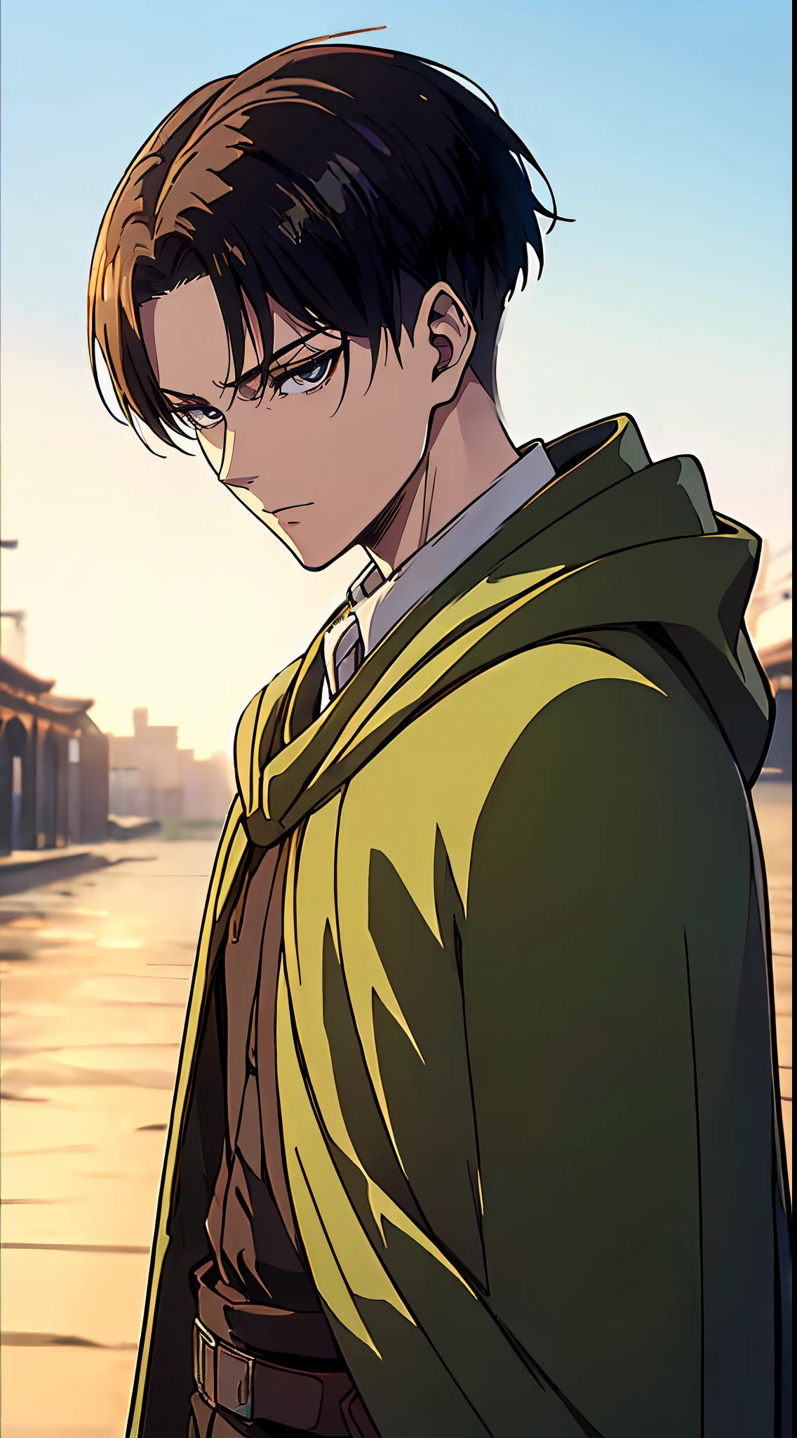 ((4K works))、​masterpiece、（top-quality)、((high-level image quality))、((One Manly Boy))、Slim body、((green survey corps cloak fashion))、((Men's Fashion))、(Detailed beautiful eyes)、town in the morning、Levi Ackerman、Attack on Titan、((short hair above the ears))、((Smaller face))、((Neutral face))、((28 year old))、((Handsome man))、((Korean Makeup))、((elongated and sharp eyes))、((Black eyes))、((Like a celebrity))、Everyday photography、((Shot alone))、((Shot diagonally from the side))、((Upper body photography))、((Sharp eyes))