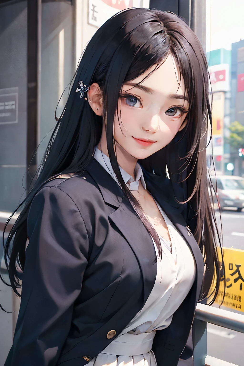Photo Uniform Pose(Dark blue blazer、White dress shirts、Charcoal Grape Pleated Skirt)Close up portrait of woman wearing it, Beautiful midlift with black hair、Beautiful Asian Girl, Korean Girl, girl cute-fine face, beautiful Korean women, Gorgeous young Korean woman, sakimichan, Beautiful young Korean woman, The face of a beautiful girl in Japan, yangjun chen, Cute delicate face, Gorgeous Chinese models, Beautiful detailed body and face、24 year old、absurderes、(A slight smil：0.4)、