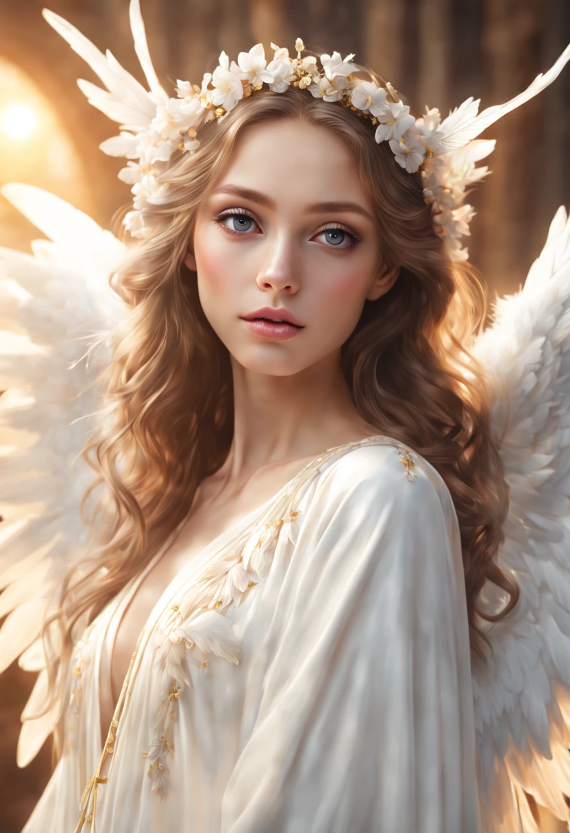 (high-quality,4k,8k,highres,masterpiece:1.2),ultra-detailed,(realistic,photorealistic,photo-realistic:1.37),beautiful detailed eyes,beautiful detailed lips,extremely detailed wings,halo,flowing white robes,body in mid-air,floating feathers,heavenly atmosphere,soft and ethereal lighting,portrait style,pastel color palette,angelic aura,peaceful and serene expression,surrounded by heavenly glow,angelic figure with long flowing hair,divine radiance