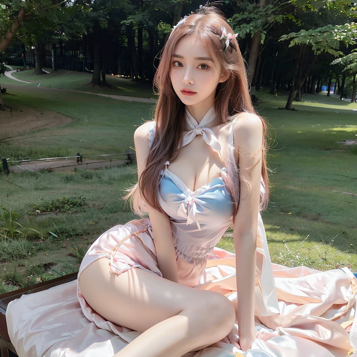 (finely detailed beautiful eyes and detailed face,masterpiece sidelighting,masterpiece,best quality,detailed,high resolution illustration),, (1girl,whole body,bishoujo,lustrous skin,looking down,looking at viewer),, (pink hair,blue eyes,ribbon,hanbok, korean clothes), (clothed_underbust:1.2),underboob, perfect fingers, perfect body, perfect arms, perfect legs, perfect face