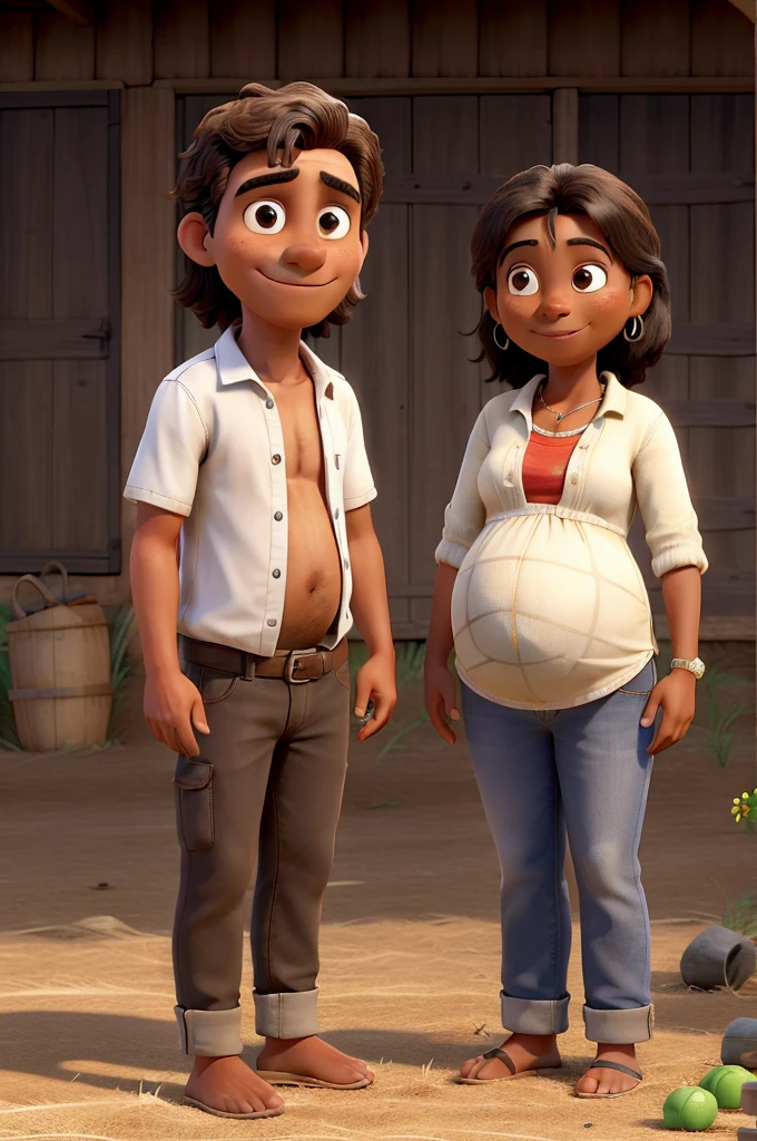 obra-prima, melhor qualidade, casal, man with dark skin and straight hair with physical characteristics of Brazilian indigenous people, pregnant woman with fair skin and bangs, Rural, Aldeia, Fazenda, just a man and a pregnant woman, a man and a pregnant woman hugging, Simples, Humilde, Vida Simples, Tradicional, Humilde, Despenteado, Roupas Simples, Simple Housing, Trabalhador, Vida Simples, Vida Rural, ocidental, latino, casal feliz, casal a espera do primeiro filho