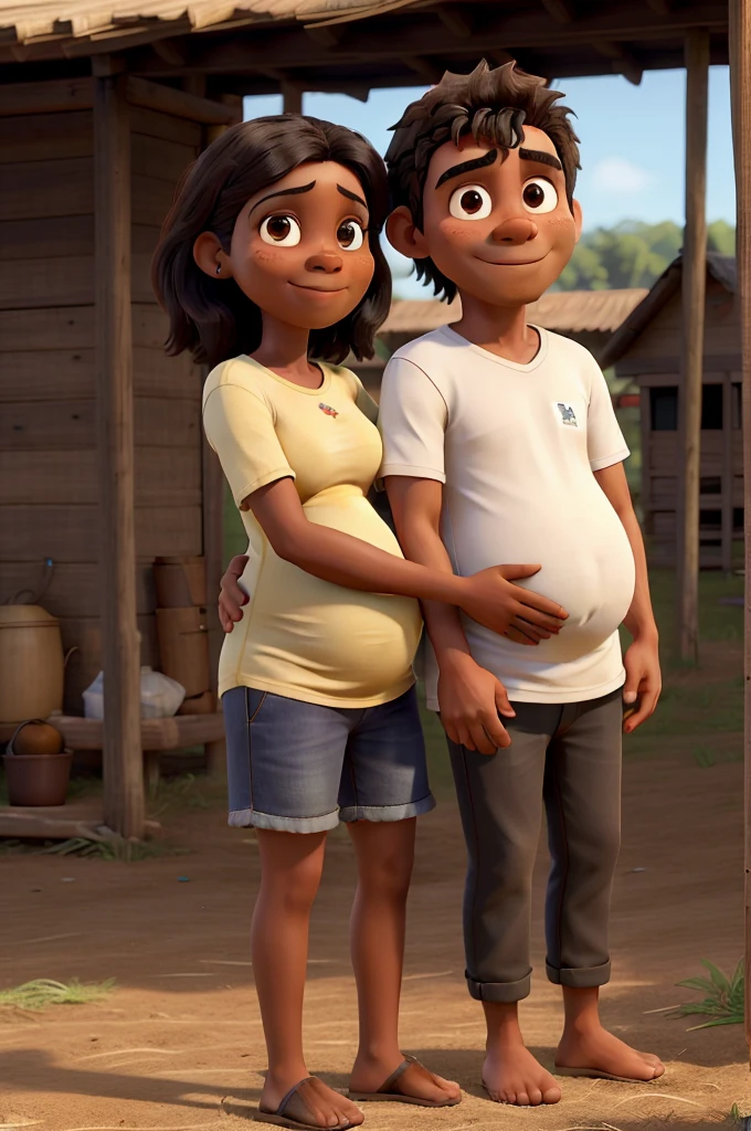 obra-prima, melhor qualidade, casal, man with dark skin and straight hair with physical characteristics of Brazilian indigenous people, pregnant woman with fair skin and bangs, Rural, Aldeia, Fazenda, just a man and a pregnant woman, a man and a pregnant woman hugging, Simples, Humilde, Vida Simples, Tradicional, Humilde, Despenteado, Roupas Simples, Simple Housing, Trabalhador, Vida Simples, Vida Rural, ocidental, latino, casal feliz, casal a espera do primeiro filho