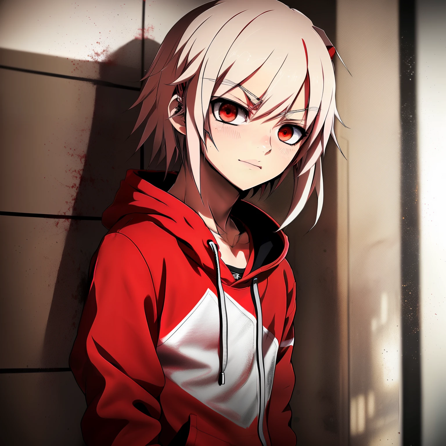 (red eyes,red hoodie,anime moe artstyle,Arthur Fate,Danganronpa digital art,male protagonist),(best quality,ultra-detailed,realistic:1.37),(vivid colors,studio lighting),(portraits)