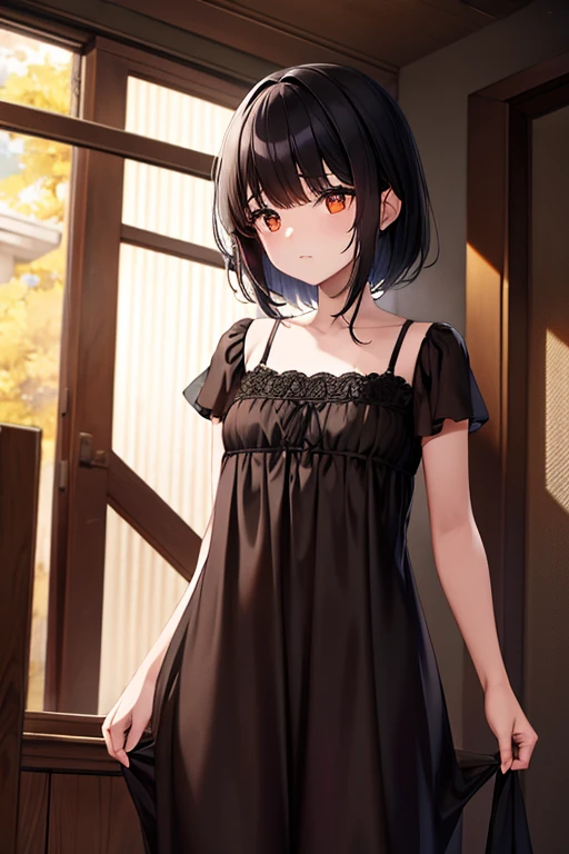 A ite black haired woman with orange eyes is wearing a lacy nightgown.