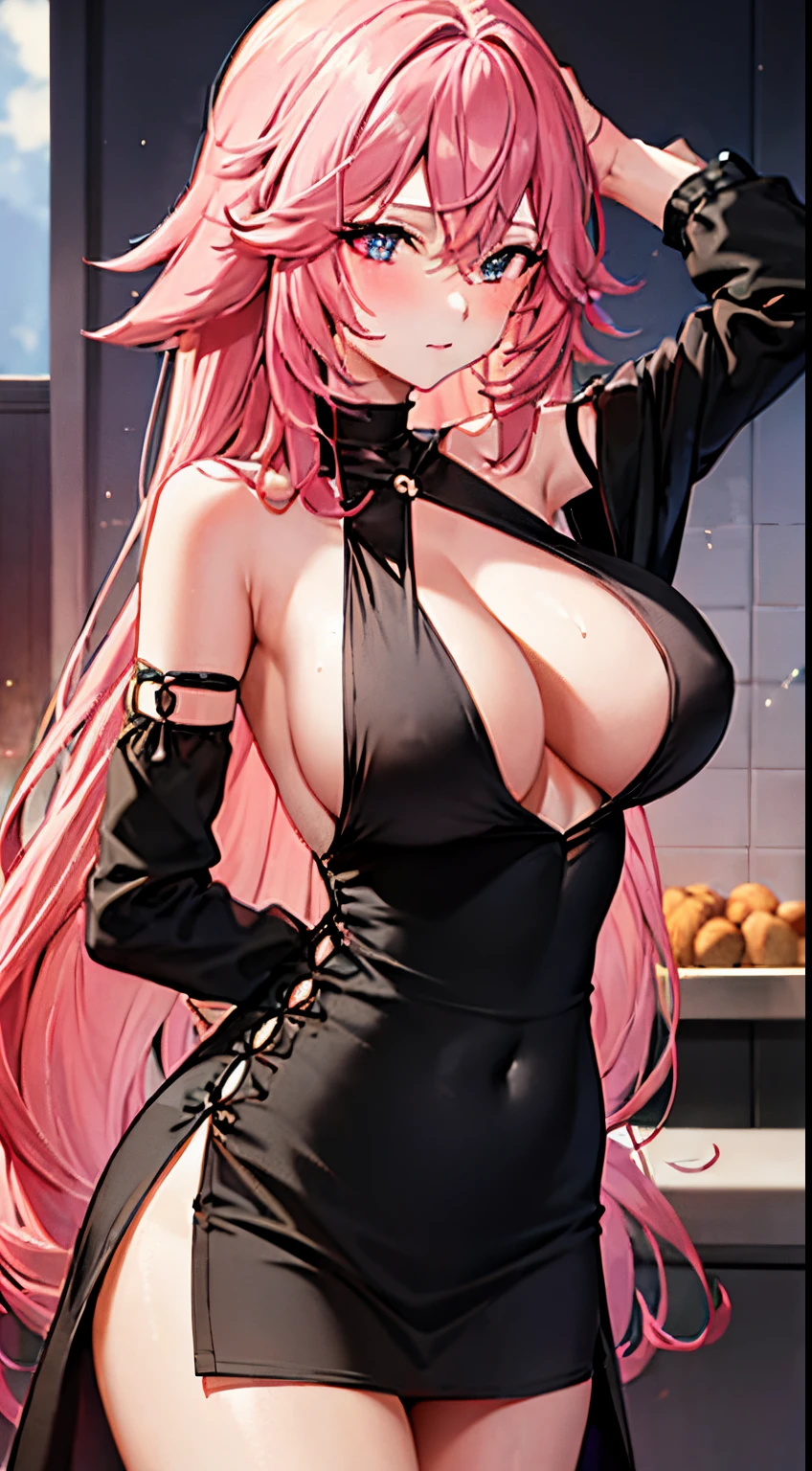 1 girl, long pink hair, very big breasts, very sexy body, wearing a black dress