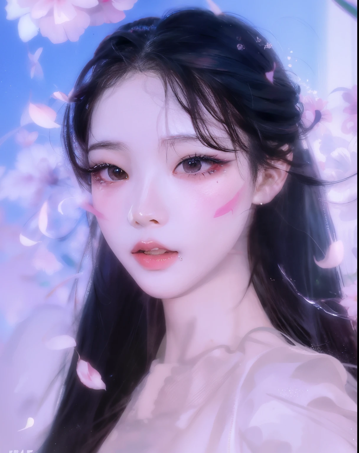 un primer plano de una mujer con cabello largo y una flor rosa en la cara, maquillaje popular de Corea del Sur, inspirado por Yanjun Cheng, maquillaje coreano popular, Beautiful aesthetic face, Yanjun Chengt, Ethereal Beauty, with ethereal flowering effects, Obras de arte al estilo de Guweiz, Guweiz, inspirado por Ma Yuanyu, por Ye Xin