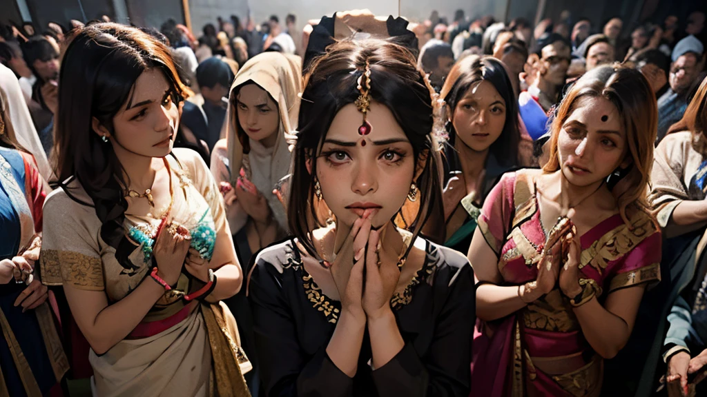 Indian women, saree, lots of women in the back ground from top to bottom, with hands in a sign of prayer, mediation, with eyes open, one women in the centre of the frame looking into the centre of the camera,