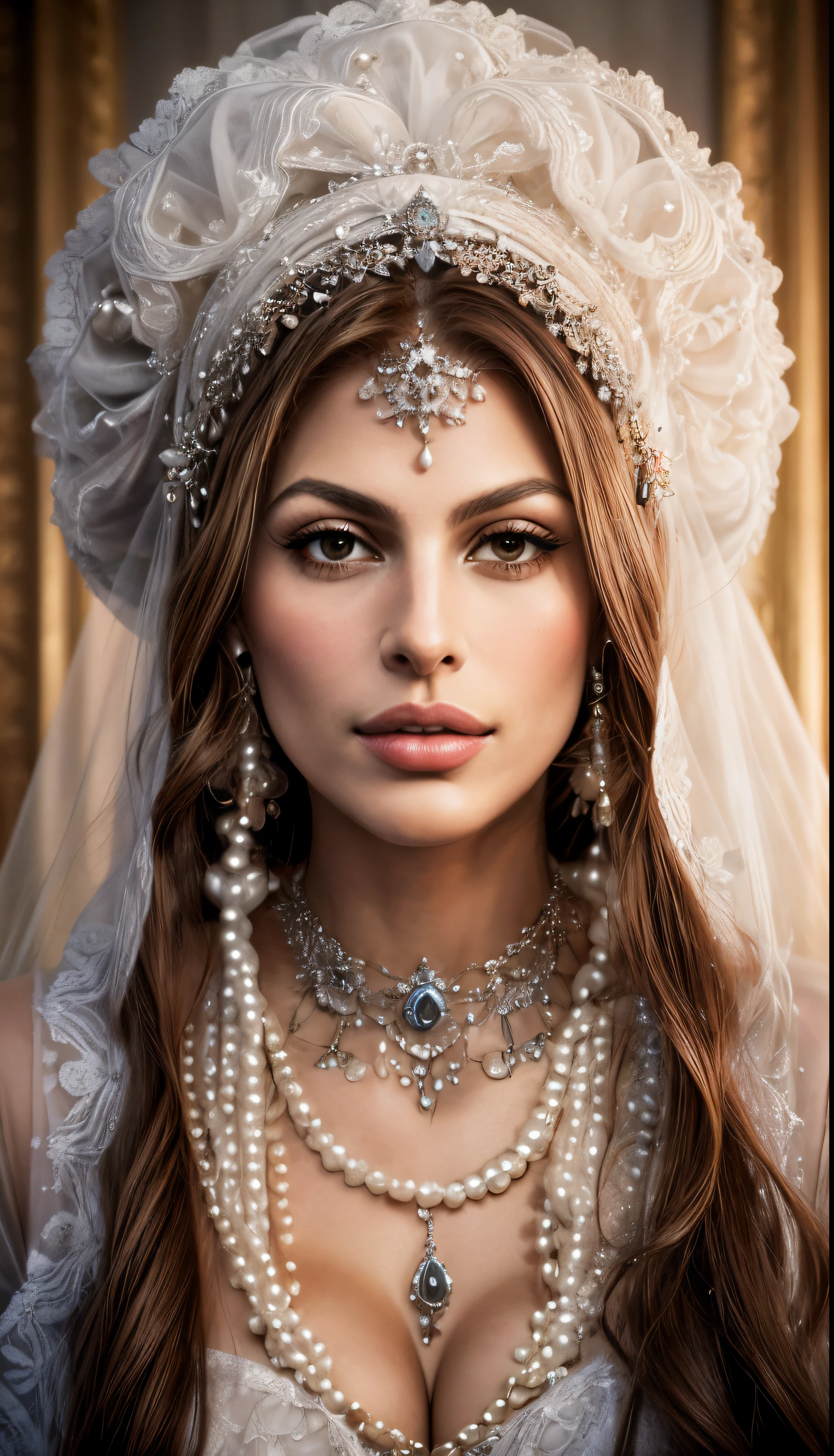 realistisches Farbfoto einer Frau (Eva Mendes) in a white dress and a veil with pearls, very nice portrait, das Kleid hat einen sehr tiefen Ausschnitt, A stunning portrait of a goddess, Portrait of a beautiful goddess, mit Edelsteinen verziert, Traditional beauty, stunning portrait, Detailed beauty portrait, a beautiful fantasy empress, beautiful portrait, gorgeous woman, ((a beautiful fantasy empress)), Beautiful Maiden, beautiful full breasts, more voluptuous, Seductive, erregender Gesichtsausdruck, Verlangen, Sex, Beischlaf, geil, heiss