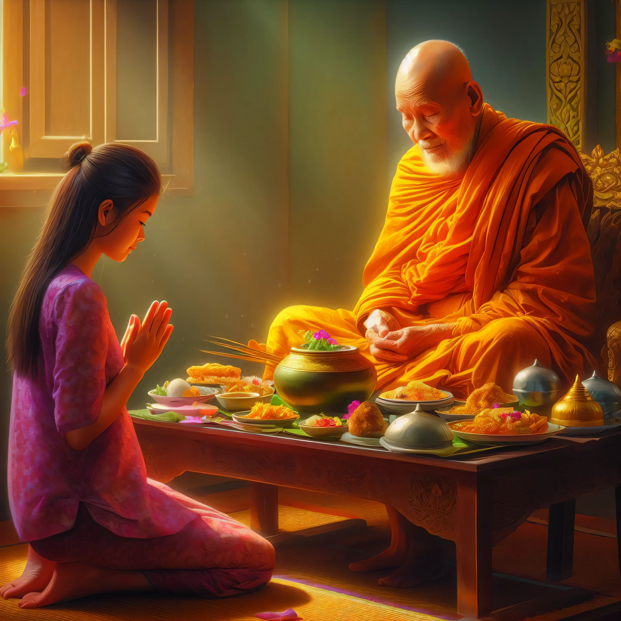 buddhist monk sitting on a table with a *********** praying, buddhist, beautiful depiction, by John La Gatta, praying meditating, buddhism, tithi luadthong, by Alexander Kucharsky, by Pablo Munoz Gomez, by Harrington Mann, in a temple, beautiful artwork, by Juan O'Gorman, begging for alms, beautiful image