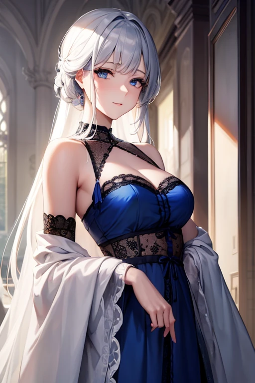 A white haired woman with blue eyes is wearing a lace nightgown