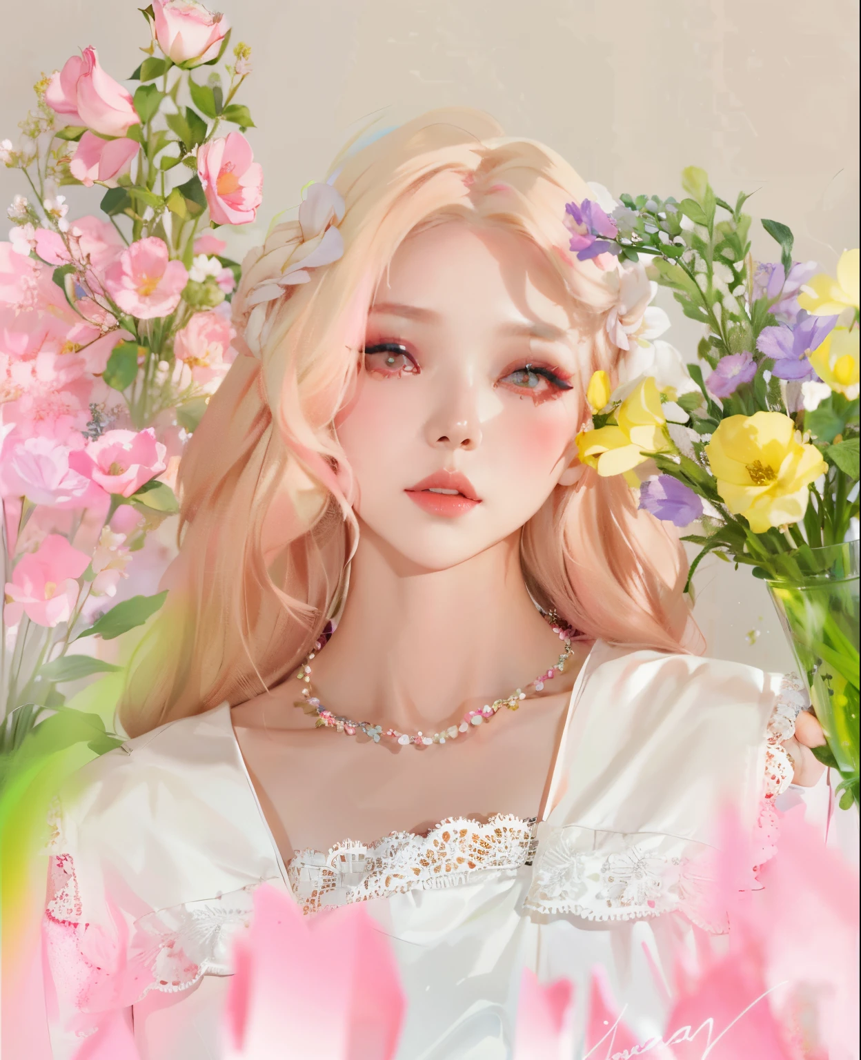 a closeup of a woman with a flower in a vase, ulzzang, maquillaje popular de Corea del Sur, maquillaje coreano popular, Peinado blanco de corte hime, Kim Doyoung, Tono de piel rosa pastel, pale porcelain white skin, cabello rosado que fluye, rosa pastel, pale, shiny skin, inspirado por Yanjun Cheng, beautiful pale makeup, Hermosa Delphine