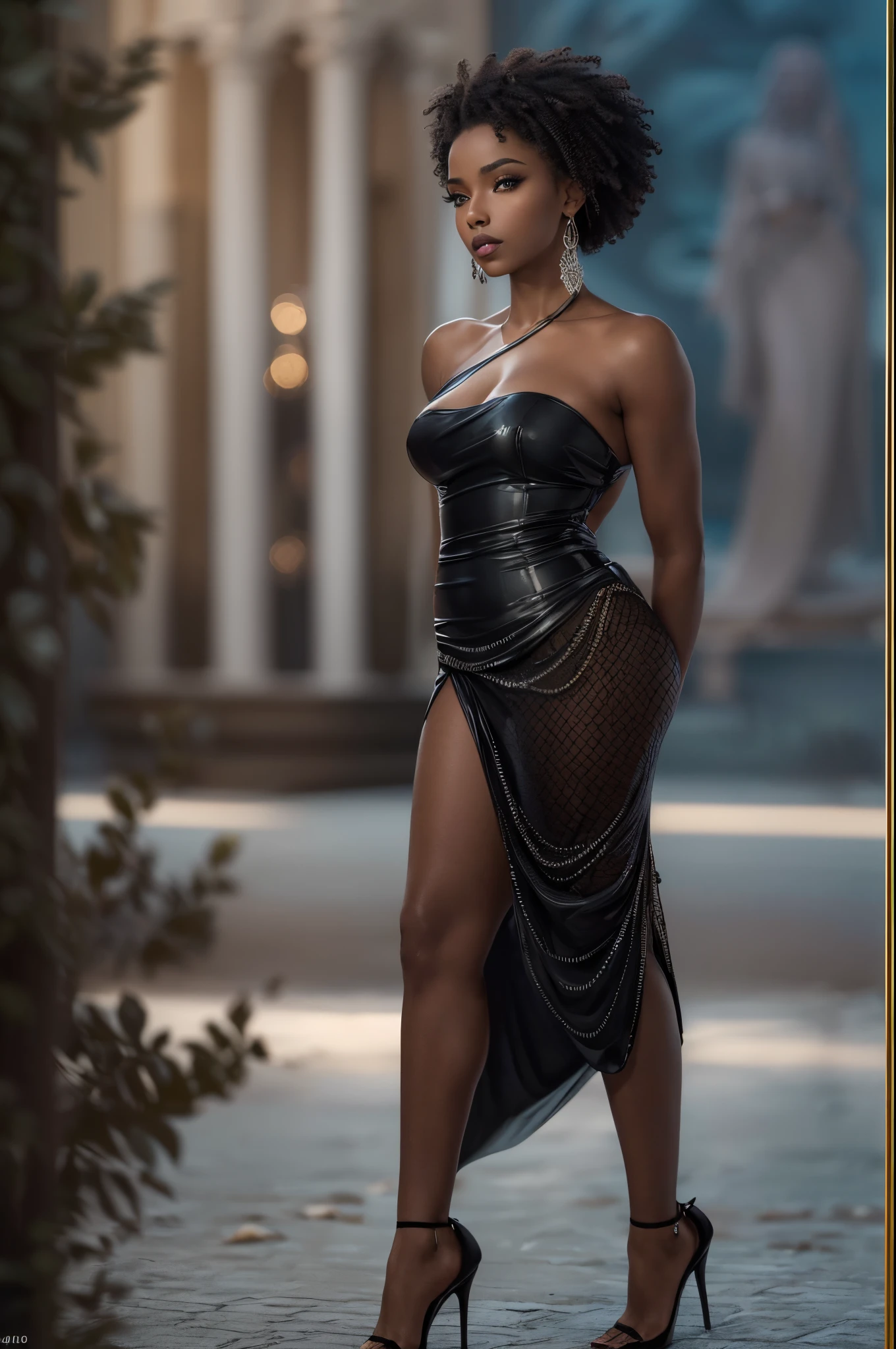 (best quality,4k,8k,highres,masterpiece:1.2),ultra-detailed,(realistic,photorealistic,photo-realistic:1.37),gorgeous black woman, seductive gaze, full lips, elegant posture, gothic background, sensual beauty, glamorous fashion, elegant gown, dark colors, moody lighting, full body pose